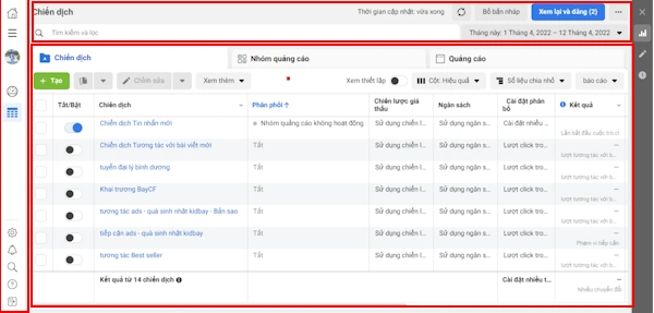 Giao diện trình quản lý quảng cáo Facebook - TAKI Academy