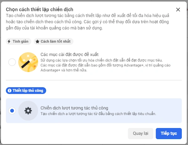 Chọn cách thiết lập quảng cáo Facebook - TAKI Academy