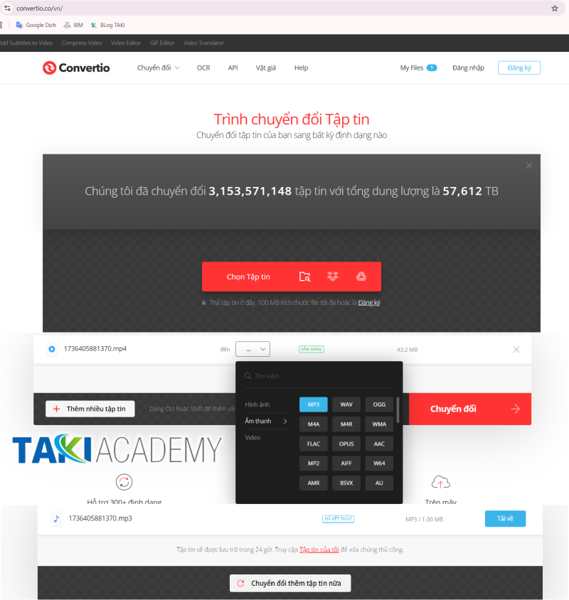 Trang web Convertio chuyển video Tiktok thành file MP3