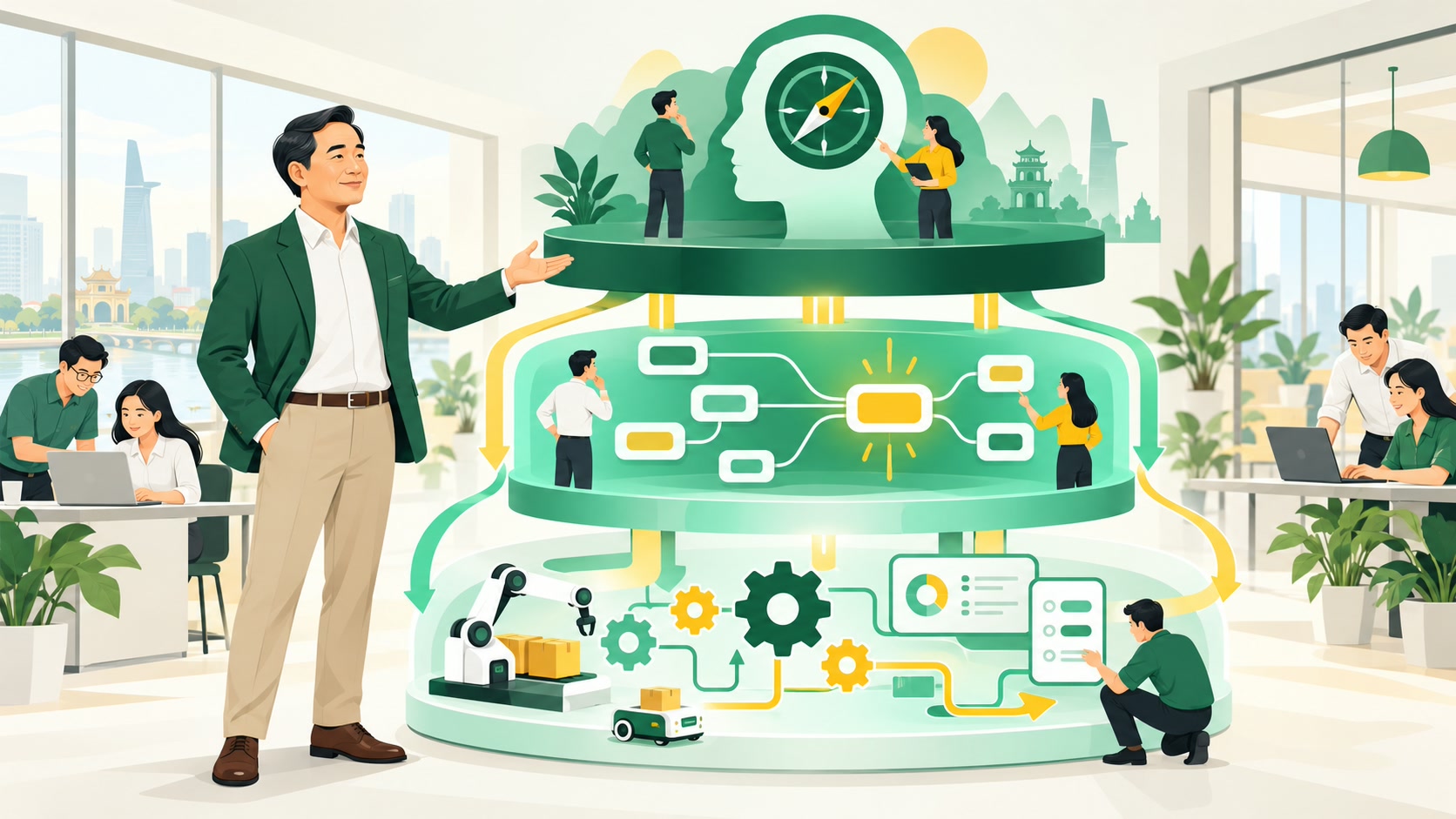 Minh họa AI BUSINESS SYSTEM: Khung Chiến Lược Để Đưa AI Vào Vận Hành Thật